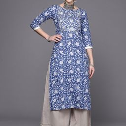 Varanga Women Blue & White Ethnic Motifs Printed Gotta Patti Kurta-image-99