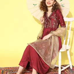 Sangria Women Floral Embroidered Angrakha Kurta with Trousers & With Dupatta-picture-19