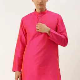 THANGAMAGAN Men Coral Pink Solid Straight Kurta with Link Detail-image-21