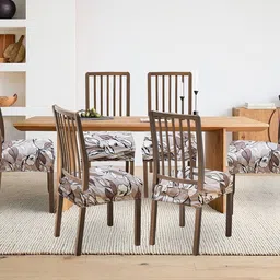 ohello 6 Pcs Beige & Brown Floral Printed Elasticated Fitted Polyester Chair Seat Covers-image-14