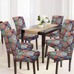 Cortina Set Of 6 Orange & Blue Printed Super Stretchable Chair Covers-image-34