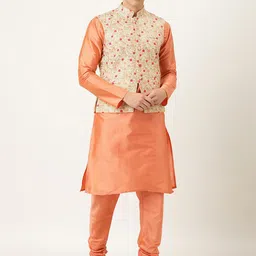 Ethnovog Men Peach-Coloured Made To Measure Kurta Set with Nehru Jacket-34