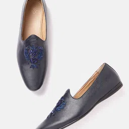 House of Pataudi Men Navy Blue Embellished Handcrafted Slip-Ons-image-84