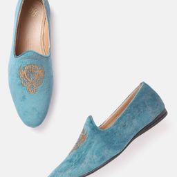 House of Pataudi Men Blue & Beige Embroidered Handcrafted Slip-Ons-image-98