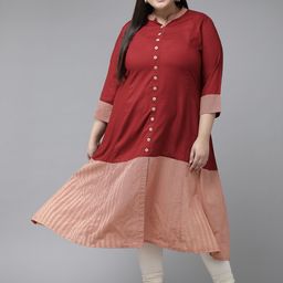 YASH GALLERY Women Maroon & Beige Colourblocked Anarkali Kurta-image-80