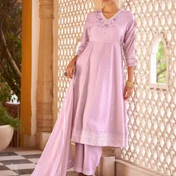 DRESOUL Ethnic Motifs Embroidered Mirror Work Anarkali Kurti with Pyjamas & Dupatta-picture-24