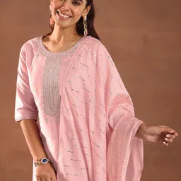 Libas Floral Embroidered Sequinned Straight Kurta With Trousers & Dupatta-picture-21