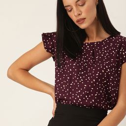 her by invictus Women Burgundy & Beige Polka Dot Printed Top With Gathers & Ruffles-image-26