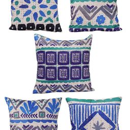 ROMEE Blue & Beige Set of 5 Ethnic Motifs Velvet Square Cushion Covers-81