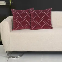 Ode & Cleo Maroon & White Set of 2 Striped Velvet Square Cushion Covers-21