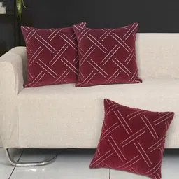 Ode & Cleo Maroon & White Set of 3 Striped Velvet Square Cushion Covers-57