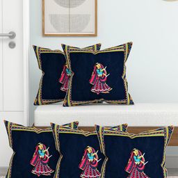 Lali Prints Blue & Yellow Set of 5 Ethnic Motifs Square Cushion Covers-22