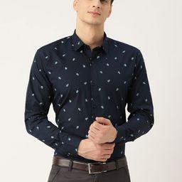 SOJANYA Men Navy Blue Classic Regular Fit Leaf Print Formal Shirt-image-2
