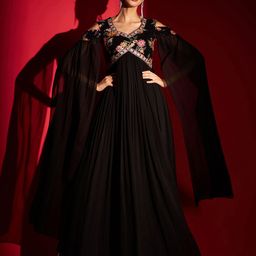 MADHURAM Floral Embroidered Cape Sleeves Gathered Maxi Ethnic Dress-picture-11
