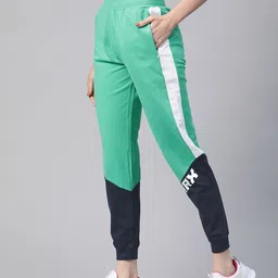 HRX By Hrithik Roshan Women Green & Navy Blue Colourblock Slim Bio-Wash Lifestyle Joggers-picture-57