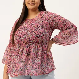 theRebelinme Plus Size Pink & Black Floral Print Smocked Georgette A-Line Top-picture-53