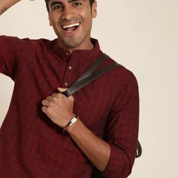 Taavi Men Maroon & Black Checked Handloom Woven Legacy Sustainable Kurta with Mandarin Collar-38