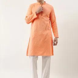 SWAGG INDIA Men Peach-Coloured Ethnic Motifs Embroidered Chikankari Kurta-picture-4