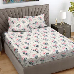 FABINALIV White & Blue Floral Printed 300 TC King Bedsheet With 2 Pillow Covers-image-16