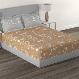 MYTRIDENT Brown & Grey Floral Cotton 144 TC Queen Bedsheet with 2 Pillow Covers-image-91