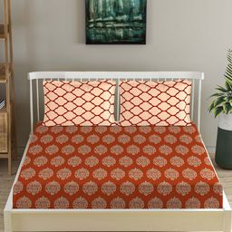 Trance Home Linen Red & Beige Floral 210 TC Queen Bedsheet with 2 Pillow Covers-image-7