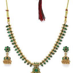 Peora Gold Plated Green Faux Kundan Studded Necklace & Jhumki Earring-image-16
