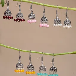 Sangria Set Of 5 German Silver Silver-Plated Oxidised Artificial Beaded Oxidised Jhumkas-48