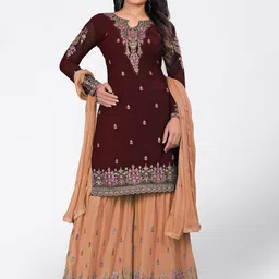 Divine International Trading Co Brown & Peach-Coloured Embroidered Unstitched Dress Material-image-24