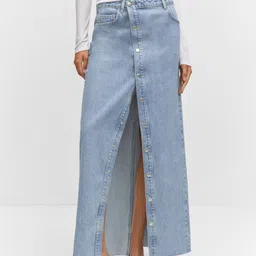 MANGO Button-Detailed Straight Design Pure Cotton Denim Maxi Skirt-image-12