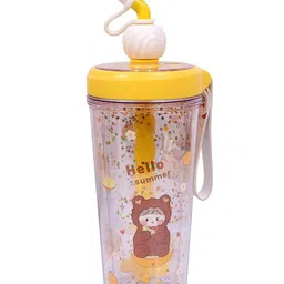 YK Yellow Glitter Tumbler Printed Water Bottle Sipper Cup With Lid & Straw 400ML-56