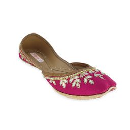 Fulkari Women Magenta & Gold-Toned Embellished Leather Mojaris-picture-20