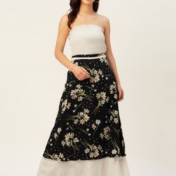 Belle Fille Women Black & Off-White Floral Print Layered Maxi A-Line Dress with Tie-Ups-14