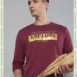 HERE&NOW Men Burgundy & Gold-Toned Typography Printed Pure Cotton T-shirt-image-15