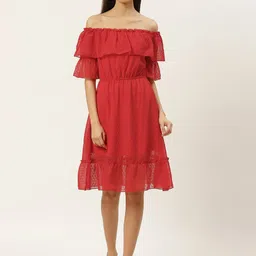 DODO & MOA Women Red Dobby Weave Off Shoulder Semi-Sheer A-Line Dress-image-64