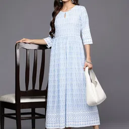 Libas Blue Ethnic Motifs Embroidered Keyhole Neck Midi Ethnic Dress-image-76