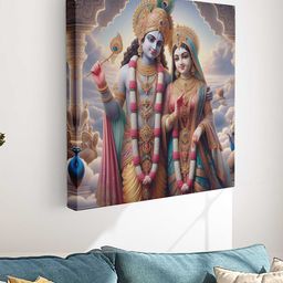 Myntra Elegant Homes Gold-Toned & Blue Lord Radha Krishna Printed Canvas Wall Art-image-27