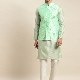 SOJANYA Men Green Ethnic Motifs Mirror Work Kurta with Churidar & Nehru Jacket-25