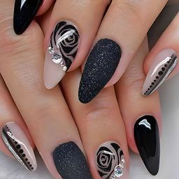 Secret Lives 24-Pcs Glossy With 3D Studs & Silver Glitter Nail Art-25
