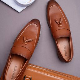 Men Rosewood Leatherette Formal Slip On Shoes Tassel Moccasins-image-82
