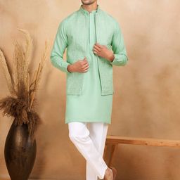 KRAFT INDIA LUXE Men Pure Cotton Embroidered Kurta & Trousers With Nehru Jacket-23