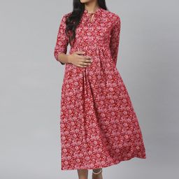 anayna Maroon & Pink Printed Pure Cotton Maternity A-Line Dress-image-60