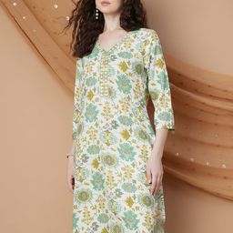 Melange by Lifestyle Floral Printed V Neck Thread Work Straight Kurta-40