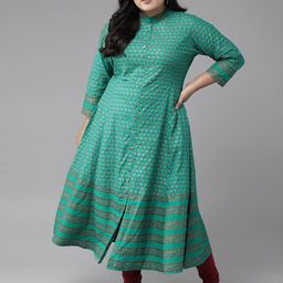 YASH GALLERY Women Plus Size Green & Golden Ethnic Motifs Printed A-line Kurta-24