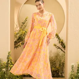Antheaa Layered Women Floral Printed Mandarin Collar Midi Fit & Flare Dress-image-96