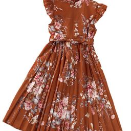 StyleCast x Revolte Girls Brown Round Neck Floral Print Fit and Flare Dress-image-2