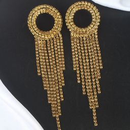 StyleCast Gold-Plated Artificial Stones Studded Tasselled Circular Drop Earrings-image-19