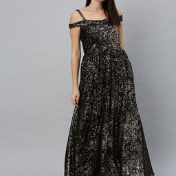 Ethnovog Women Black Sequinned Embellished Made to Measure Maxi Dress-picture-4