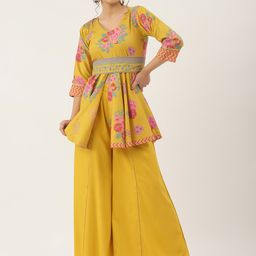 Rustorange Women Mustard Yellow Floral Printed Pleated Kurti with Sharara-image-73