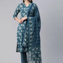 Readiprint Fashions Floral Printed Mirror Work Pure Cotton Kurta with Trousers & Dupatta-picture-32