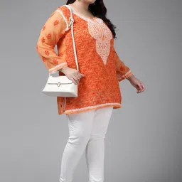 ADA Plus Size Rust & White Ethnic Motifs Embroidered Chikankari Kurti With Slip-picture-20